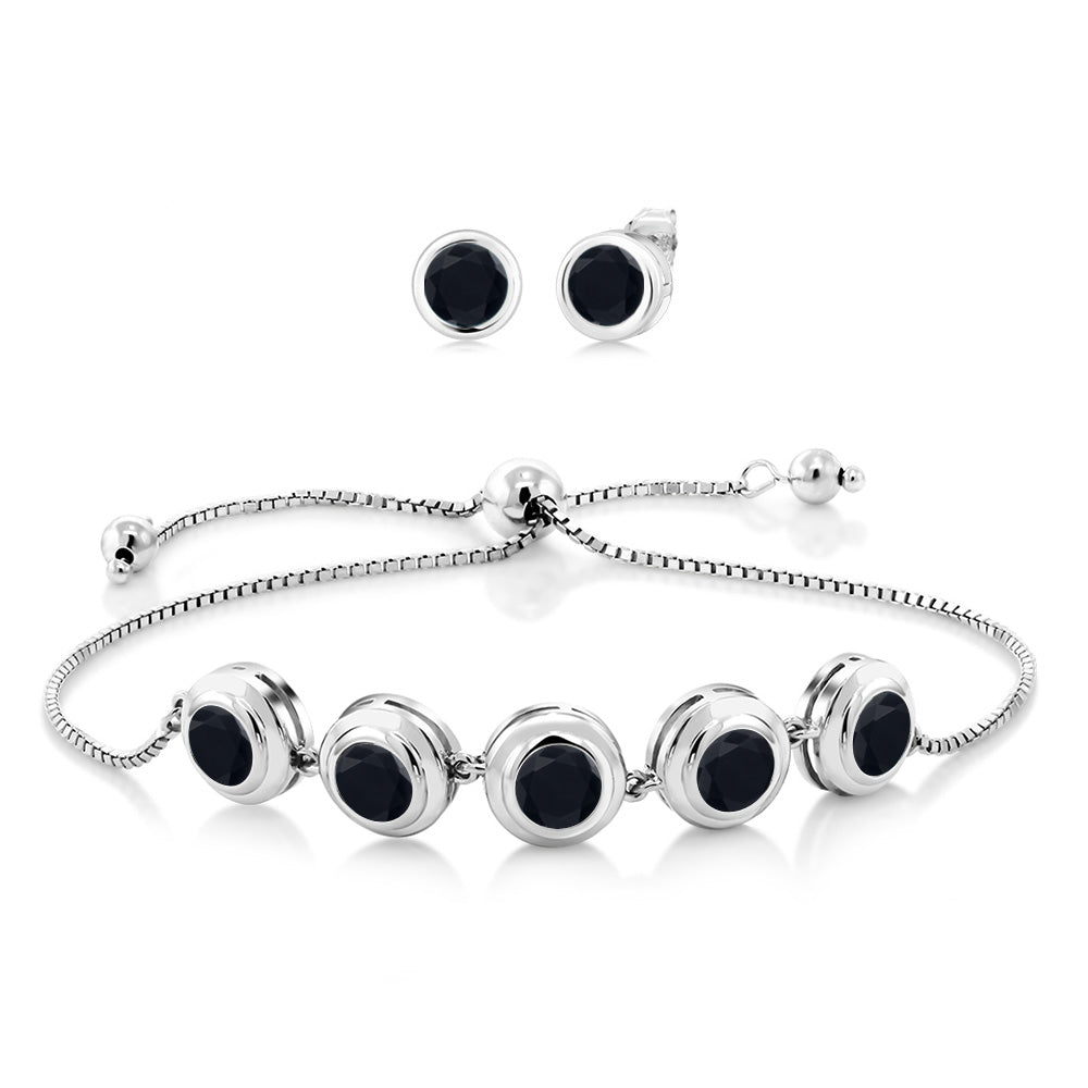 925 Sterling Silver Round Gemstone Birthstone Bracelet and Stud Earrings Jewelry Set For Women | Round 6MM | Adjustable Bolo Bracelet For Women | Easy-On Easy-Off
