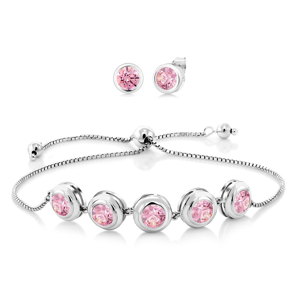 925 Sterling Silver Round Gemstone Birthstone Bracelet and Stud Earrings Jewelry Set For Women | Round 6MM | Adjustable Bolo Bracelet For Women | Easy-On Easy-Off