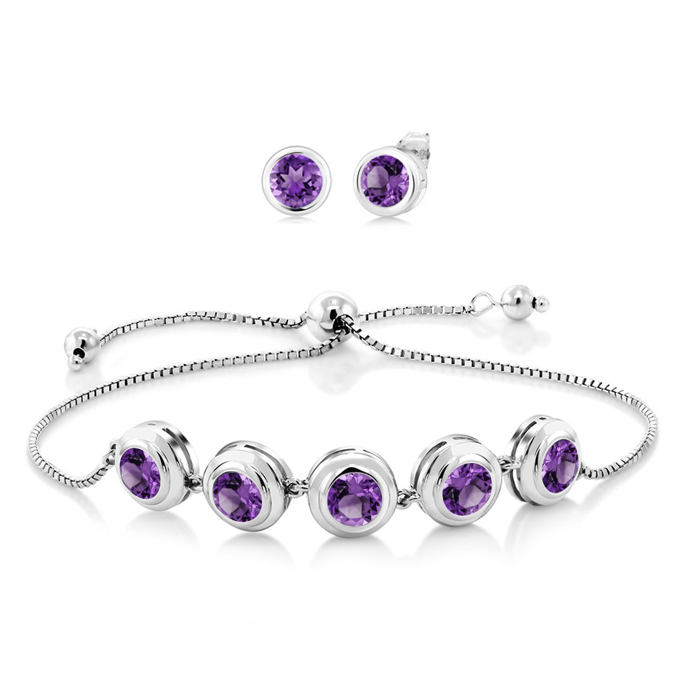 925 Sterling Silver Round Gemstone Birthstone Bracelet and Stud Earrings Jewelry Set For Women | Round 6MM | Adjustable Bolo Bracelet For Women | Easy-On Easy-Off