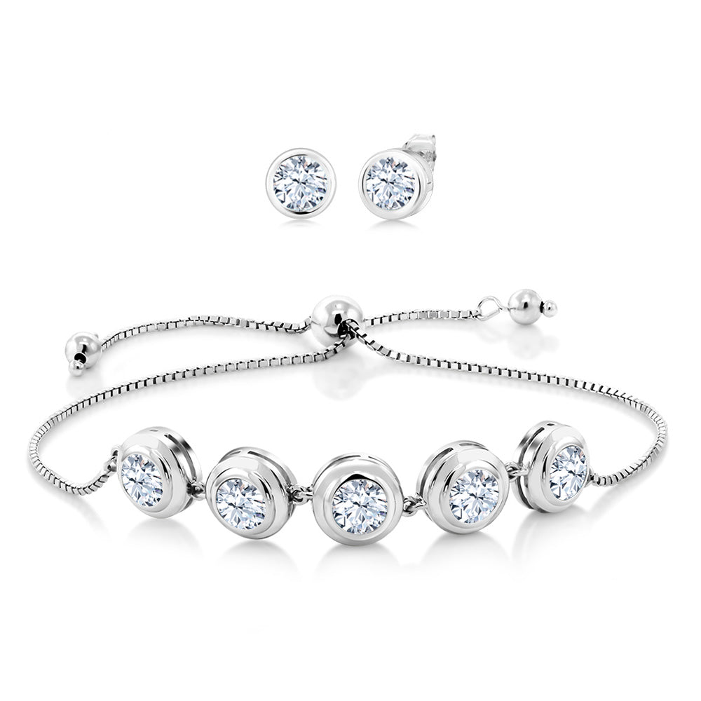 925 Sterling Silver Round Gemstone Birthstone Bracelet and Stud Earrings Jewelry Set For Women | Round 6MM | Adjustable Bolo Bracelet For Women | Easy-On Easy-Off