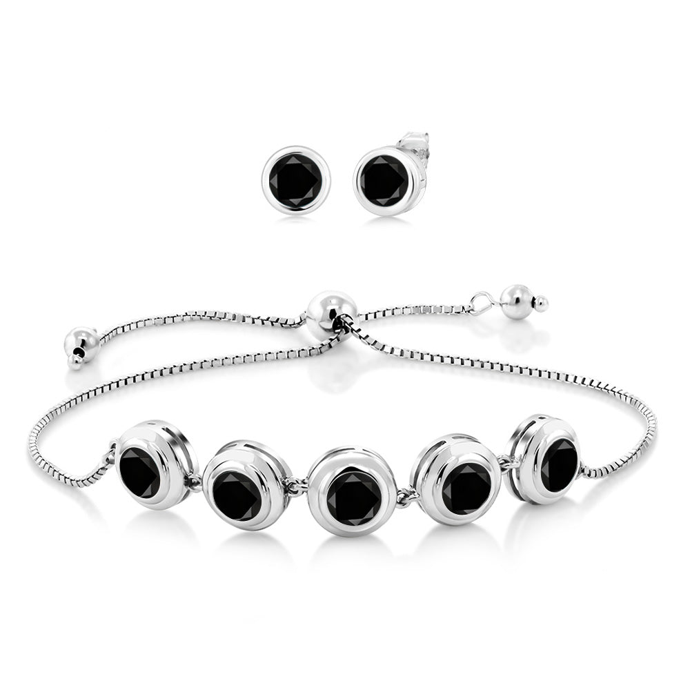 925 Sterling Silver Round Gemstone Birthstone Bracelet and Stud Earrings Jewelry Set For Women | Round 6MM | Adjustable Bolo Bracelet For Women | Easy-On Easy-Off