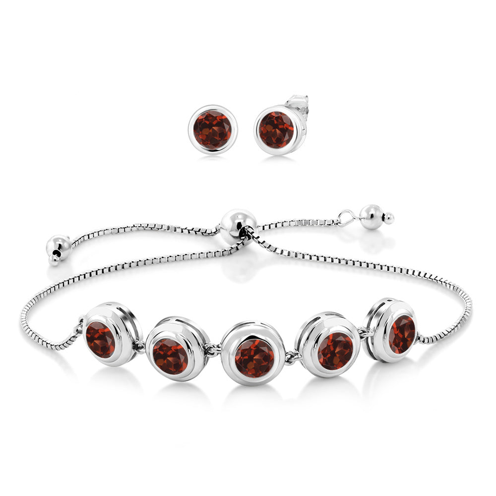 925 Sterling Silver Round Gemstone Birthstone Bracelet and Stud Earrings Jewelry Set For Women | Round 6MM | Adjustable Bolo Bracelet For Women | Easy-On Easy-Off