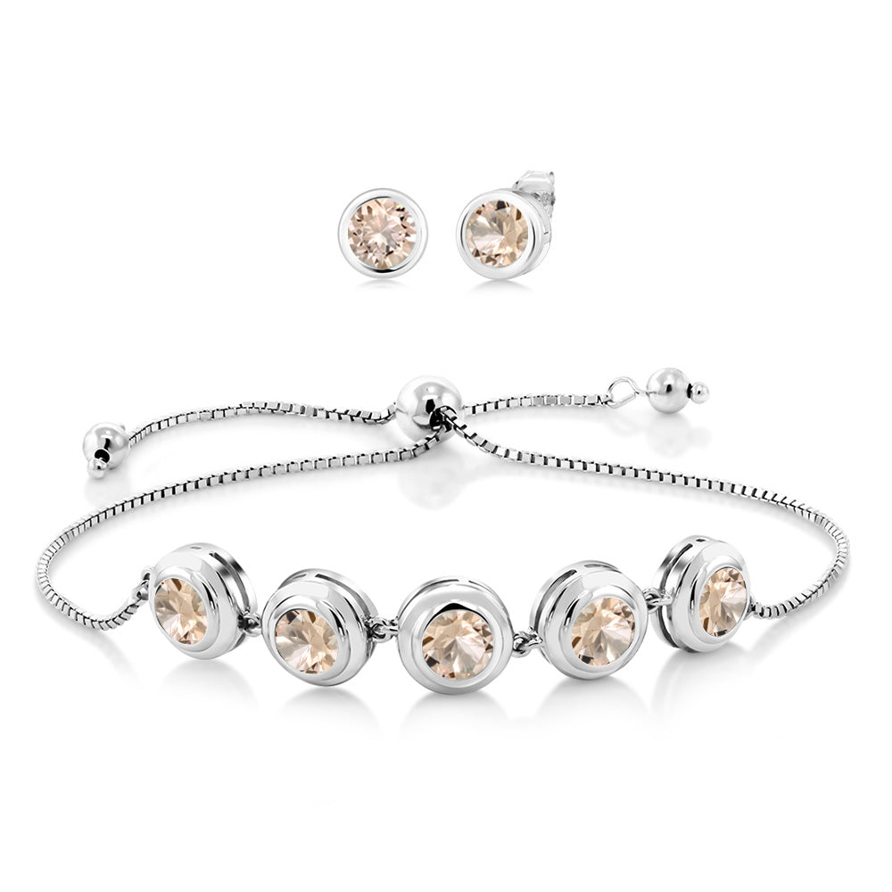 925 Sterling Silver Round Gemstone Birthstone Bracelet and Stud Earrings Jewelry Set For Women | Round 6MM | Adjustable Bolo Bracelet For Women | Easy-On Easy-Off