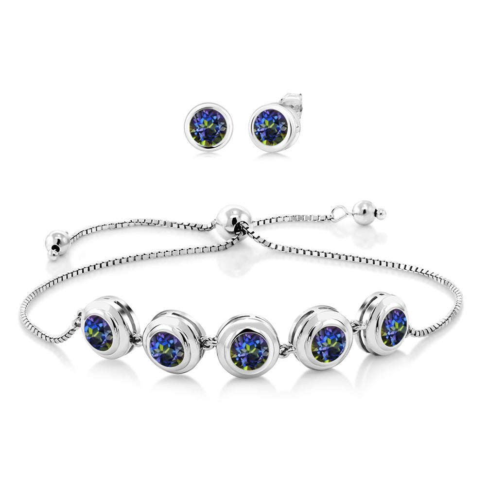 925 Sterling Silver Round Gemstone Birthstone Bracelet and Stud Earrings Jewelry Set For Women | Round 6MM | Adjustable Bolo Bracelet For Women | Easy-On Easy-Off