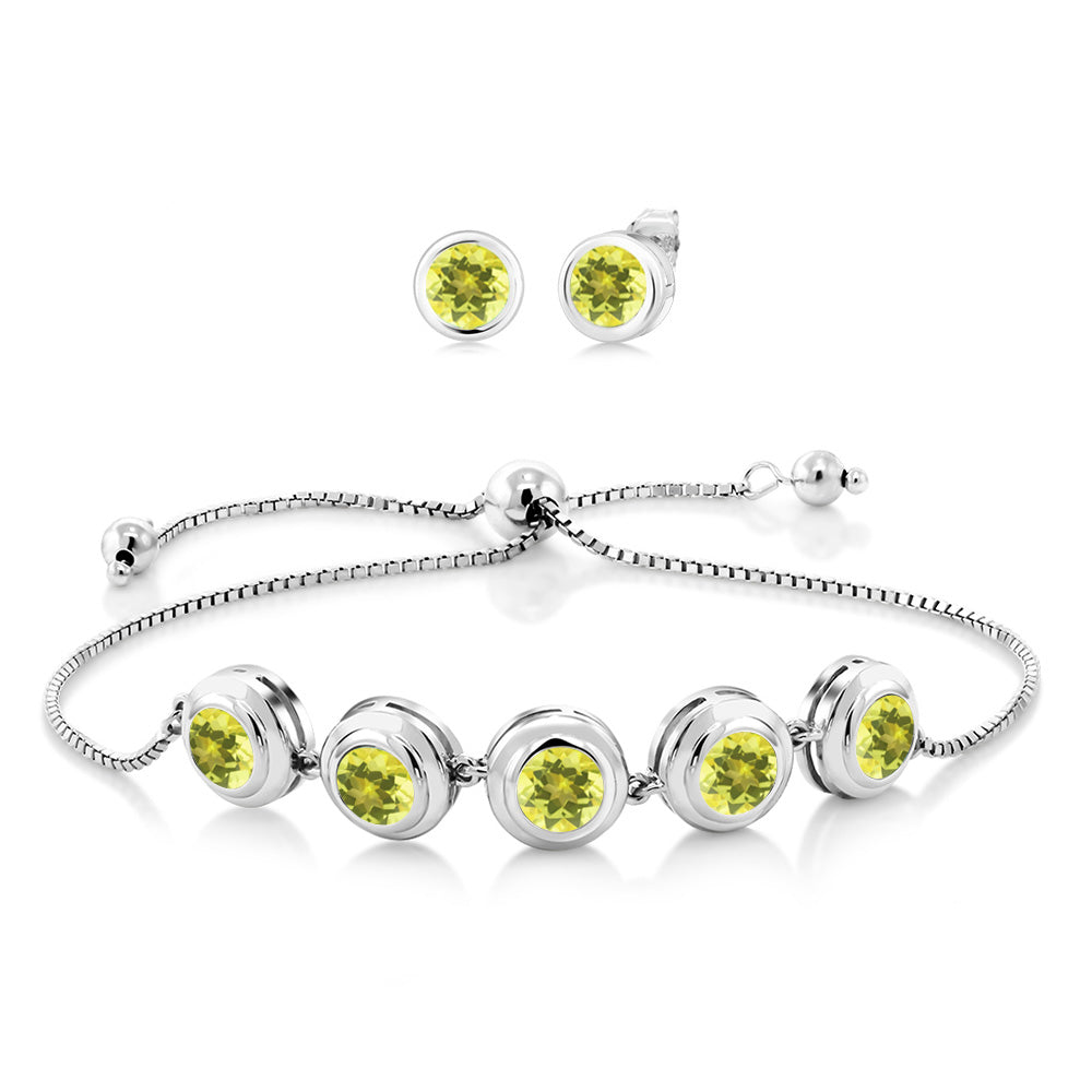 925 Sterling Silver Round Gemstone Birthstone Bracelet and Stud Earrings Jewelry Set For Women | Round 6MM | Adjustable Bolo Bracelet For Women | Easy-On Easy-Off