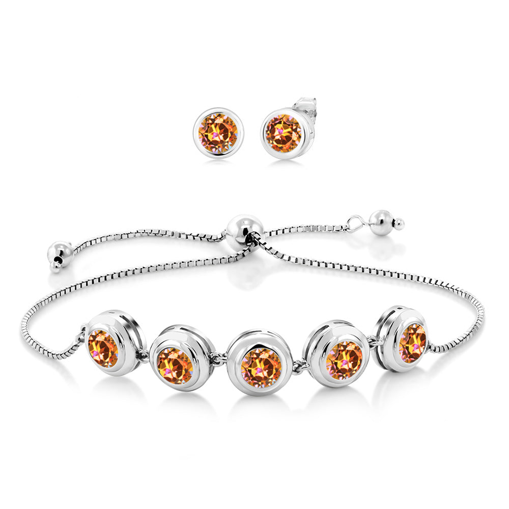 925 Sterling Silver Round Gemstone Birthstone Bracelet and Stud Earrings Jewelry Set For Women | Round 6MM | Adjustable Bolo Bracelet For Women | Easy-On Easy-Off