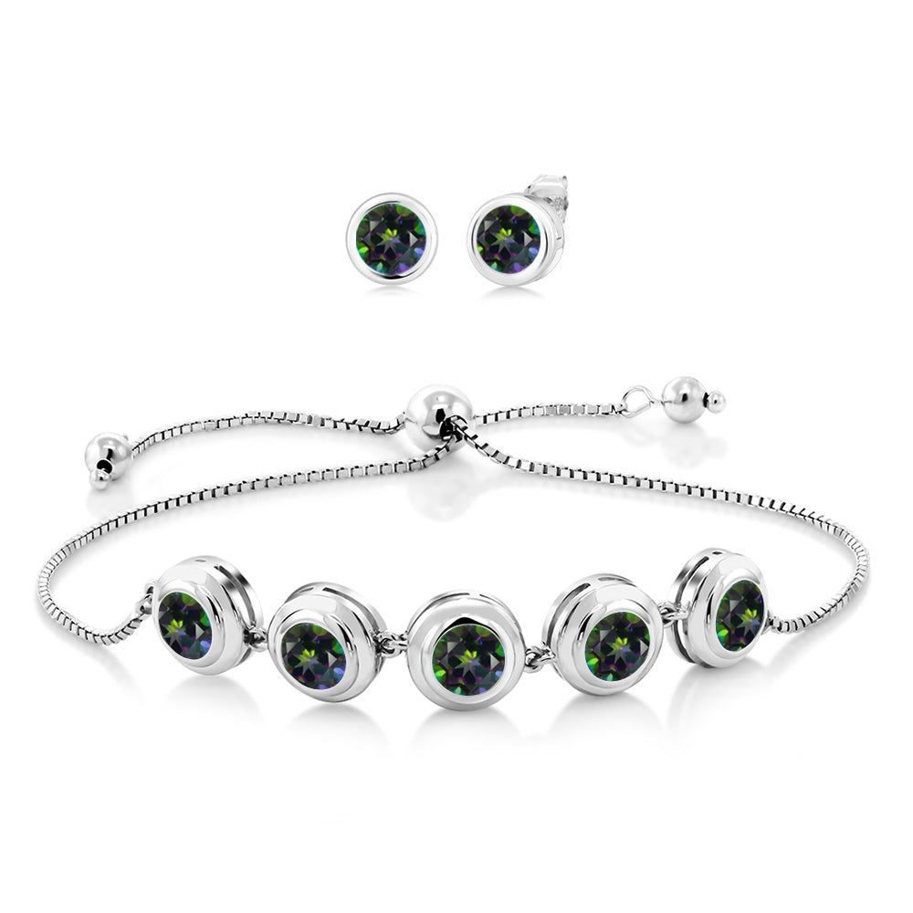 925 Sterling Silver Round Gemstone Birthstone Bracelet and Stud Earrings Jewelry Set For Women | Round 6MM | Adjustable Bolo Bracelet For Women | Easy-On Easy-Off