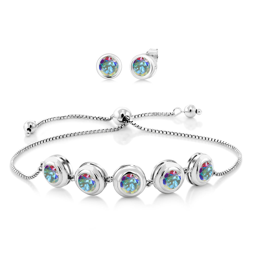 925 Sterling Silver Round Gemstone Birthstone Bracelet and Stud Earrings Jewelry Set For Women | Round 6MM | Adjustable Bolo Bracelet For Women | Easy-On Easy-Off