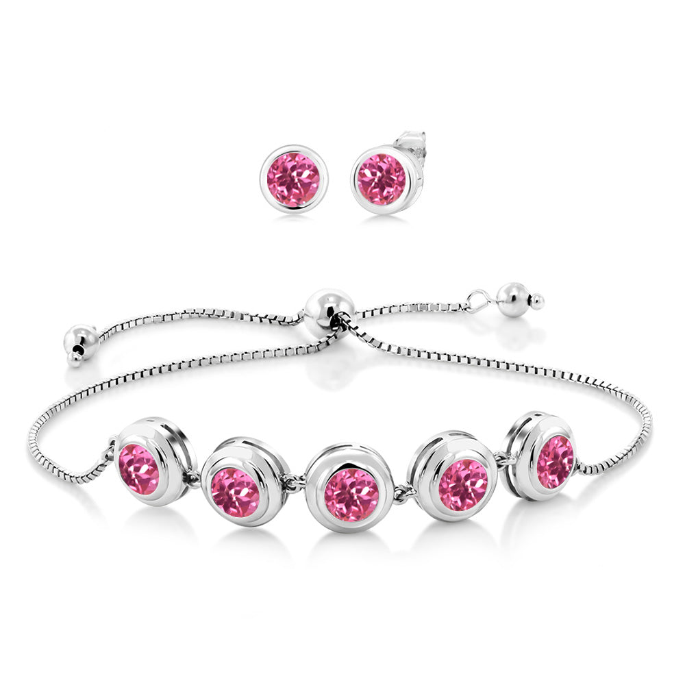 925 Sterling Silver Round Gemstone Birthstone Bracelet and Stud Earrings Jewelry Set For Women | Round 6MM | Adjustable Bolo Bracelet For Women | Easy-On Easy-Off