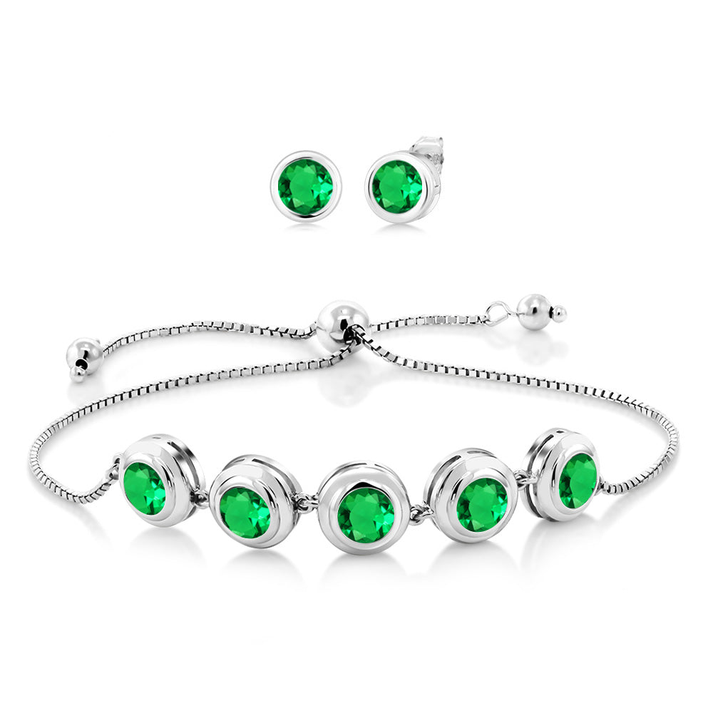 925 Sterling Silver Round Gemstone Birthstone Bracelet and Stud Earrings Jewelry Set For Women | Round 6MM | Adjustable Bolo Bracelet For Women | Easy-On Easy-Off