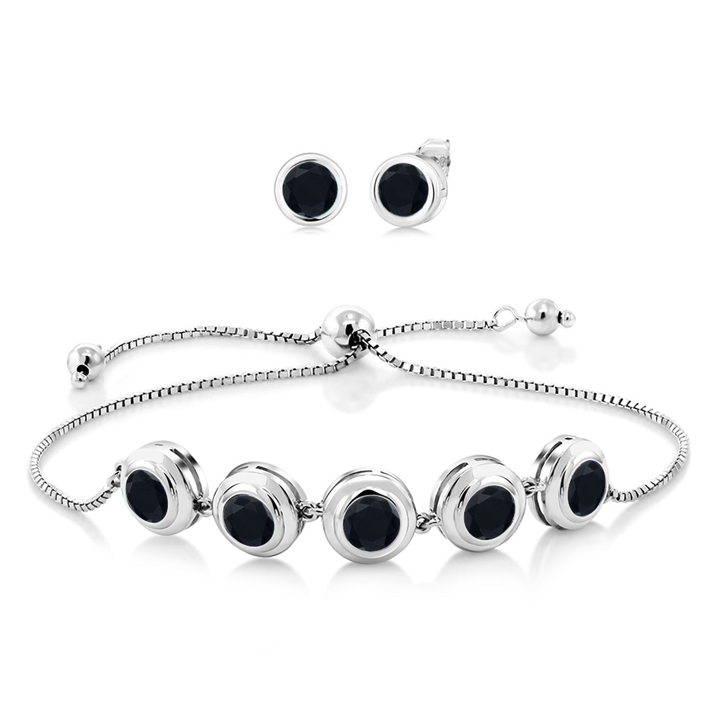 925 Sterling Silver Round Gemstone Birthstone Bracelet and Stud Earrings Jewelry Set For Women | Round 6MM | Adjustable Bolo Bracelet For Women | Easy-On Easy-Off
