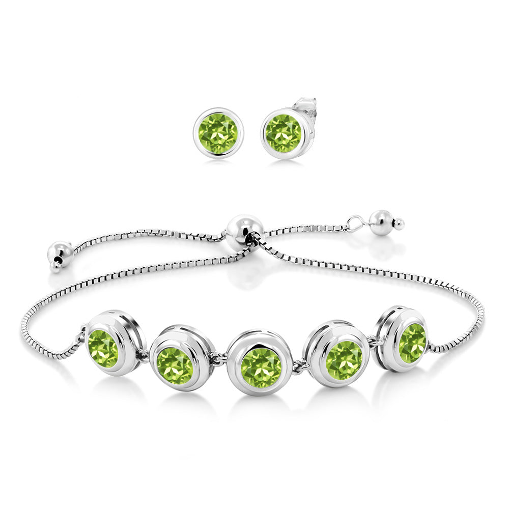 925 Sterling Silver Round Gemstone Birthstone Bracelet and Stud Earrings Jewelry Set For Women | Round 6MM | Adjustable Bolo Bracelet For Women | Easy-On Easy-Off