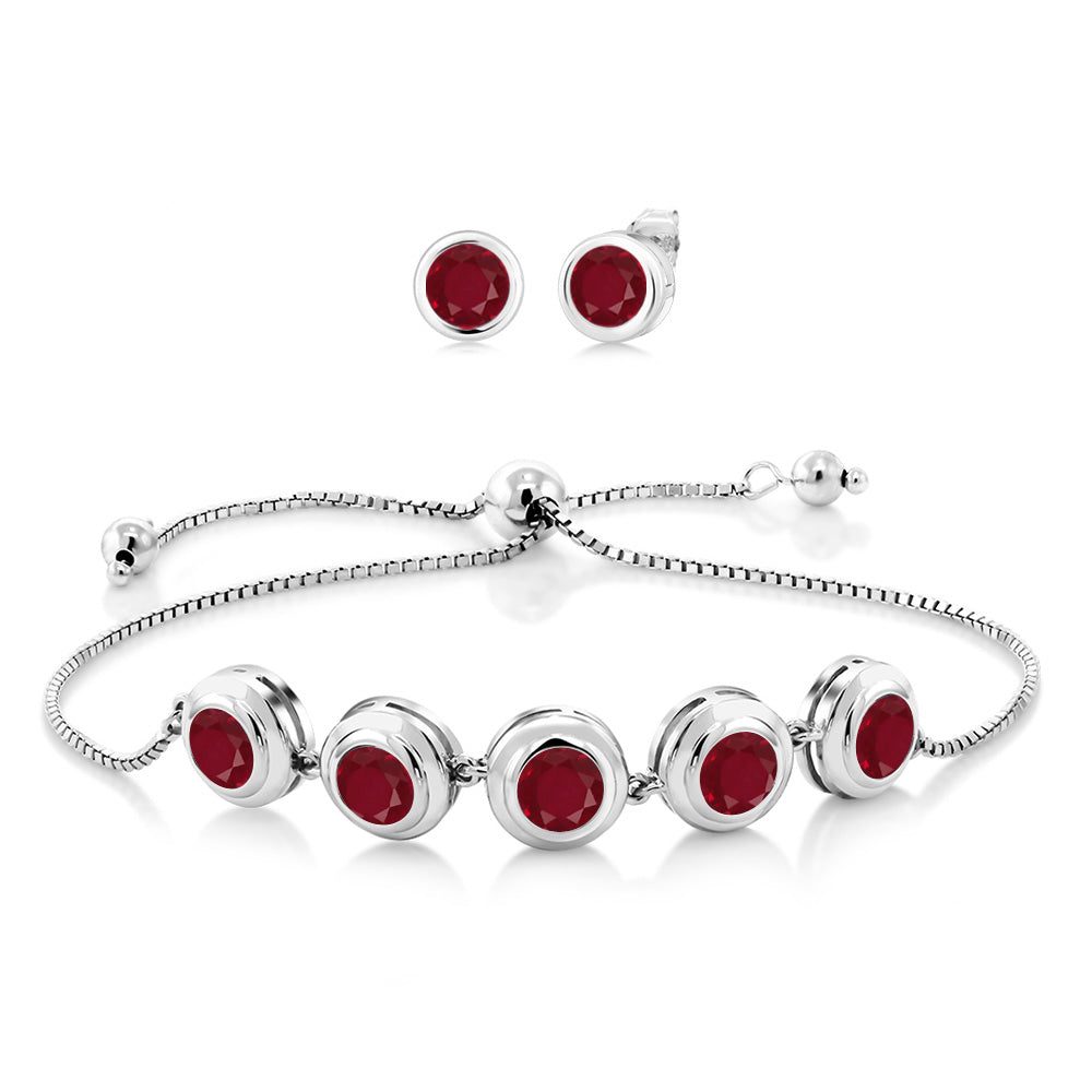 925 Sterling Silver Round Gemstone Birthstone Bracelet and Stud Earrings Jewelry Set For Women | Round 6MM | Adjustable Bolo Bracelet For Women | Easy-On Easy-Off