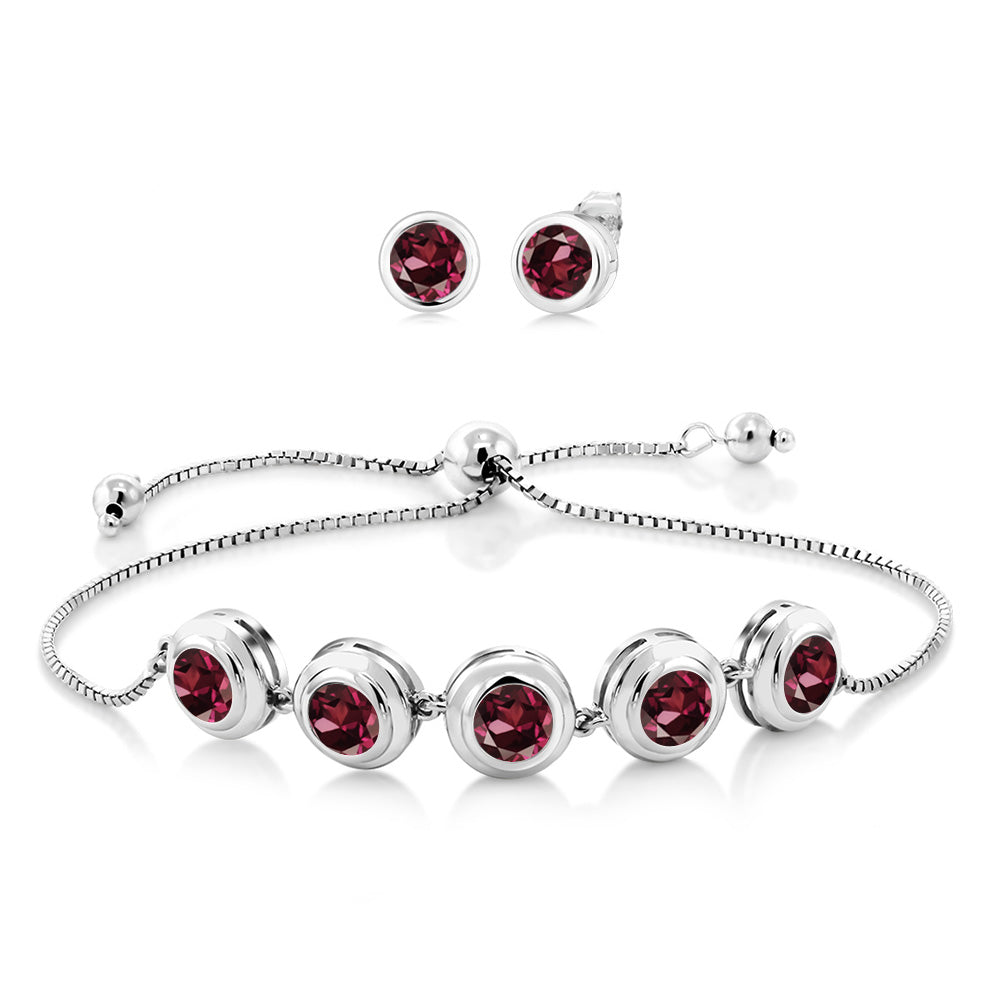 925 Sterling Silver Round Gemstone Birthstone Bracelet and Stud Earrings Jewelry Set For Women | Round 6MM | Adjustable Bolo Bracelet For Women | Easy-On Easy-Off