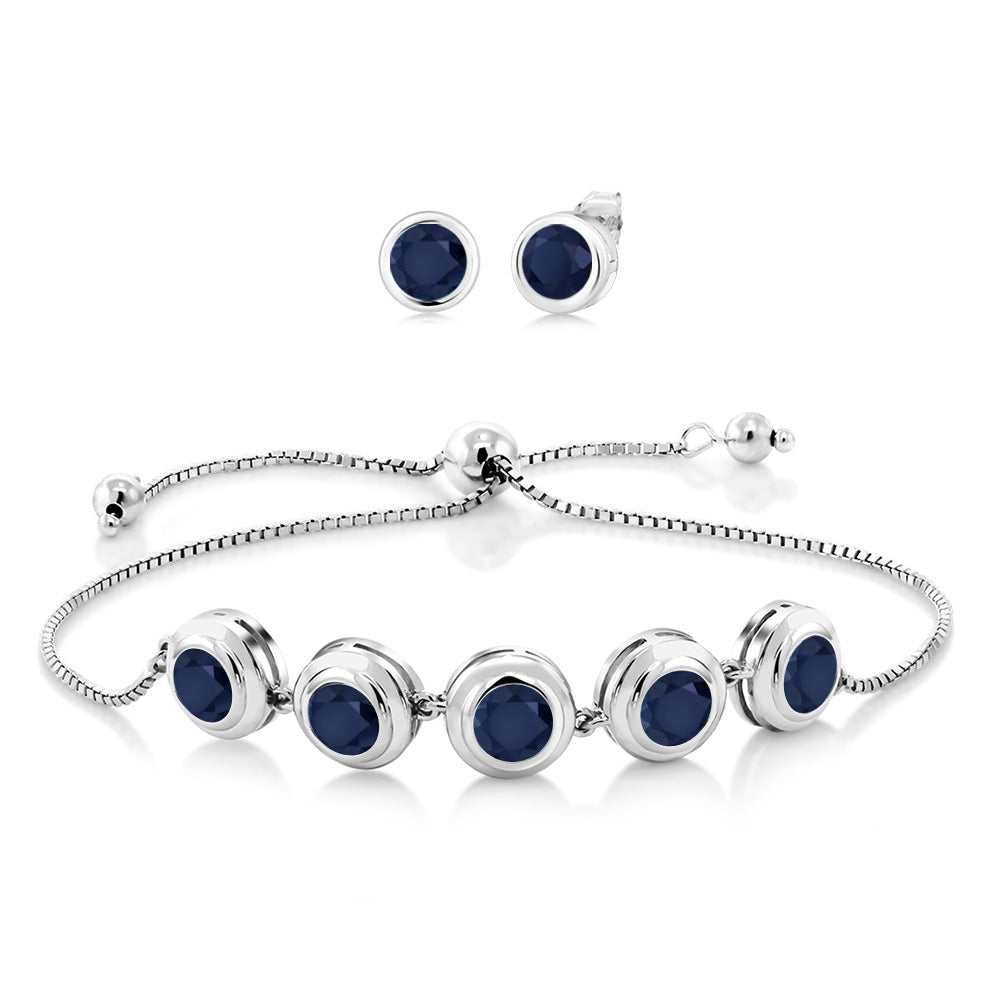925 Sterling Silver Round Gemstone Birthstone Bracelet and Stud Earrings Jewelry Set For Women | Round 6MM | Adjustable Bolo Bracelet For Women | Easy-On Easy-Off