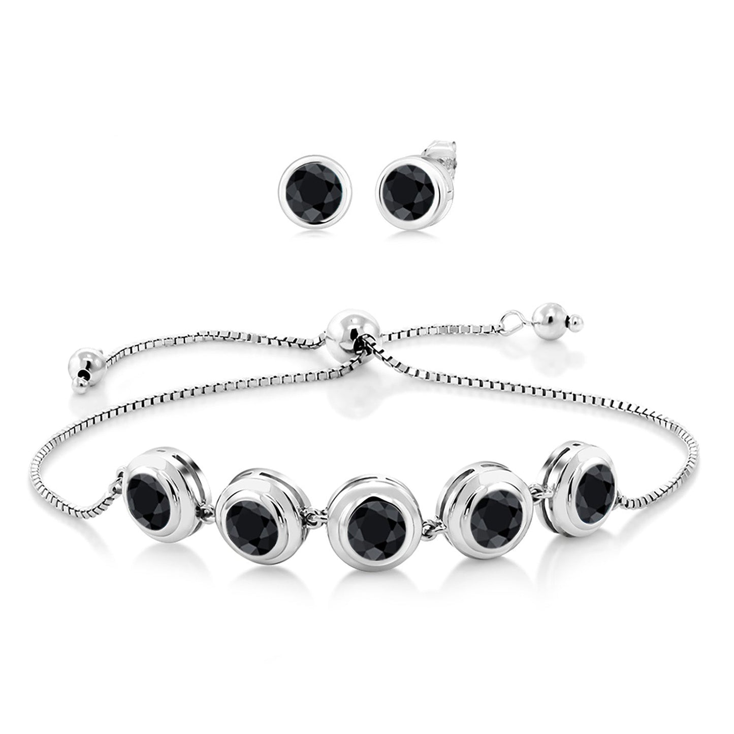 925 Sterling Silver Round Gemstone Birthstone Bracelet and Stud Earrings Jewelry Set For Women | Round 6MM | Adjustable Bolo Bracelet For Women | Easy-On Easy-Off