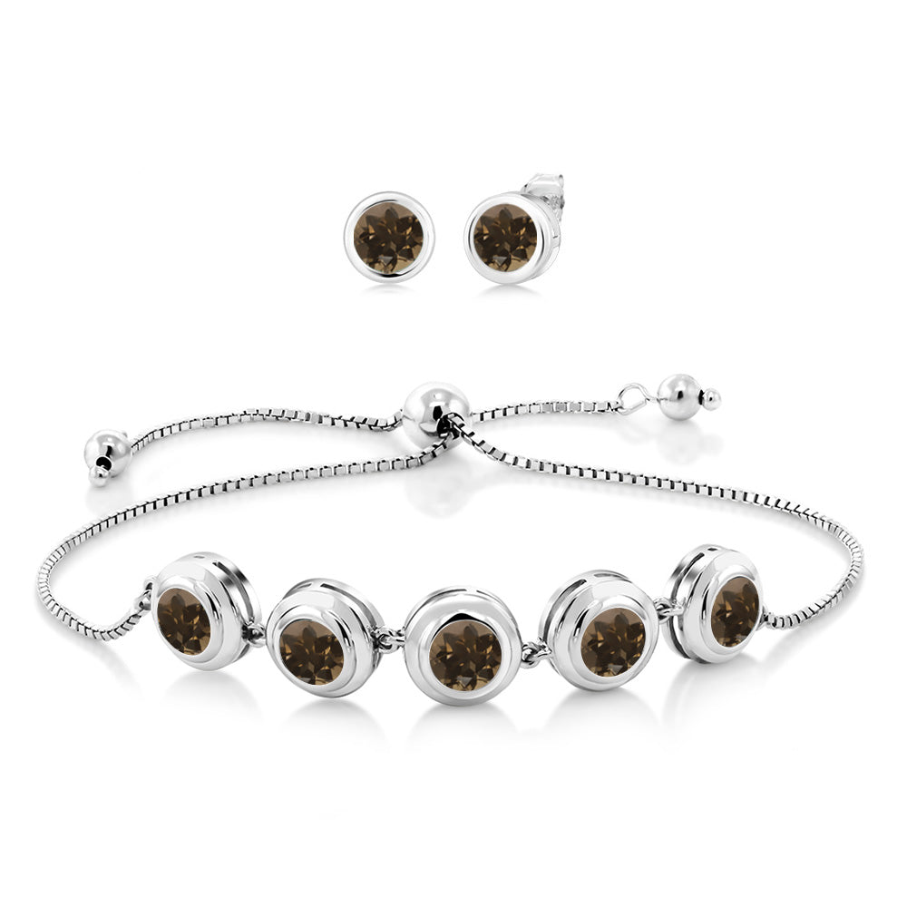925 Sterling Silver Round Gemstone Birthstone Bracelet and Stud Earrings Jewelry Set For Women | Round 6MM | Adjustable Bolo Bracelet For Women | Easy-On Easy-Off