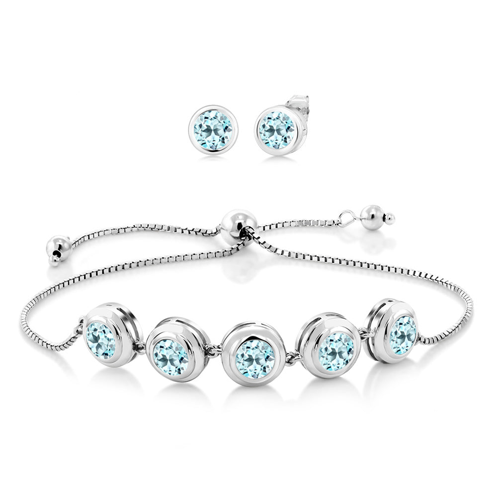925 Sterling Silver Round Gemstone Birthstone Bracelet and Stud Earrings Jewelry Set For Women | Round 6MM | Adjustable Bolo Bracelet For Women | Easy-On Easy-Off