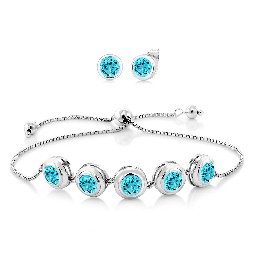 925 Sterling Silver Round Gemstone Birthstone Bracelet and Stud Earrings Jewelry Set For Women | Round 6MM | Adjustable Bolo Bracelet For Women | Easy-On Easy-Off