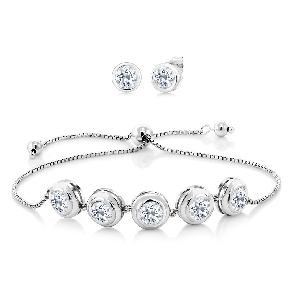 925 Sterling Silver Round Gemstone Birthstone Bracelet and Stud Earrings Jewelry Set For Women | Round 6MM | Adjustable Bolo Bracelet For Women | Easy-On Easy-Off
