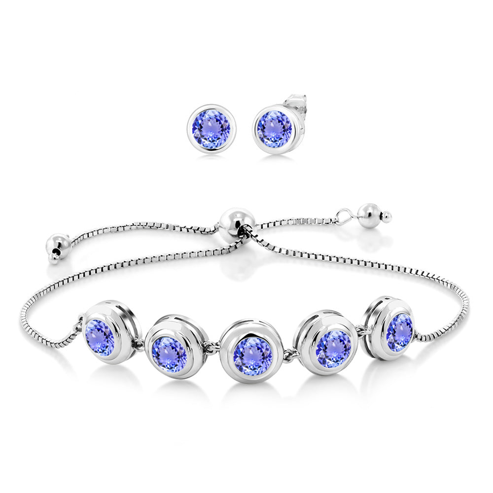 925 Sterling Silver Round Gemstone Birthstone Bracelet and Stud Earrings Jewelry Set For Women | Round 6MM | Adjustable Bolo Bracelet For Women | Easy-On Easy-Off