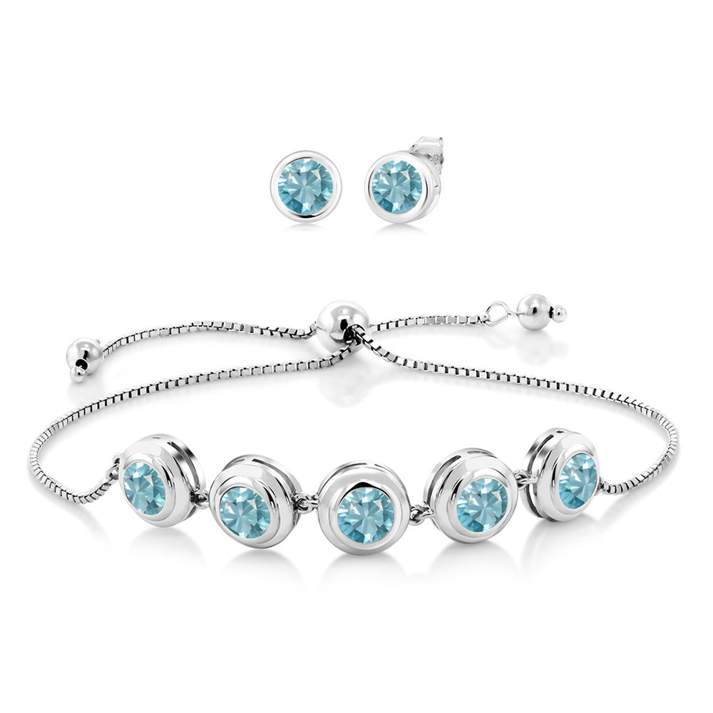 925 Sterling Silver Round Gemstone Birthstone Bracelet and Stud Earrings Jewelry Set For Women | Round 6MM | Adjustable Bolo Bracelet For Women | Easy-On Easy-Off
