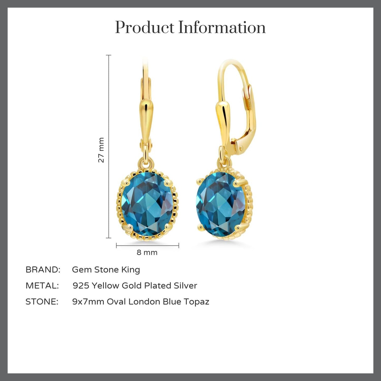 18K Yellow Gold Plated Silver 9X7MM Oval Gemstone Birthstone Leverback Drop Dangle Earrings | Gold Earrings For Women