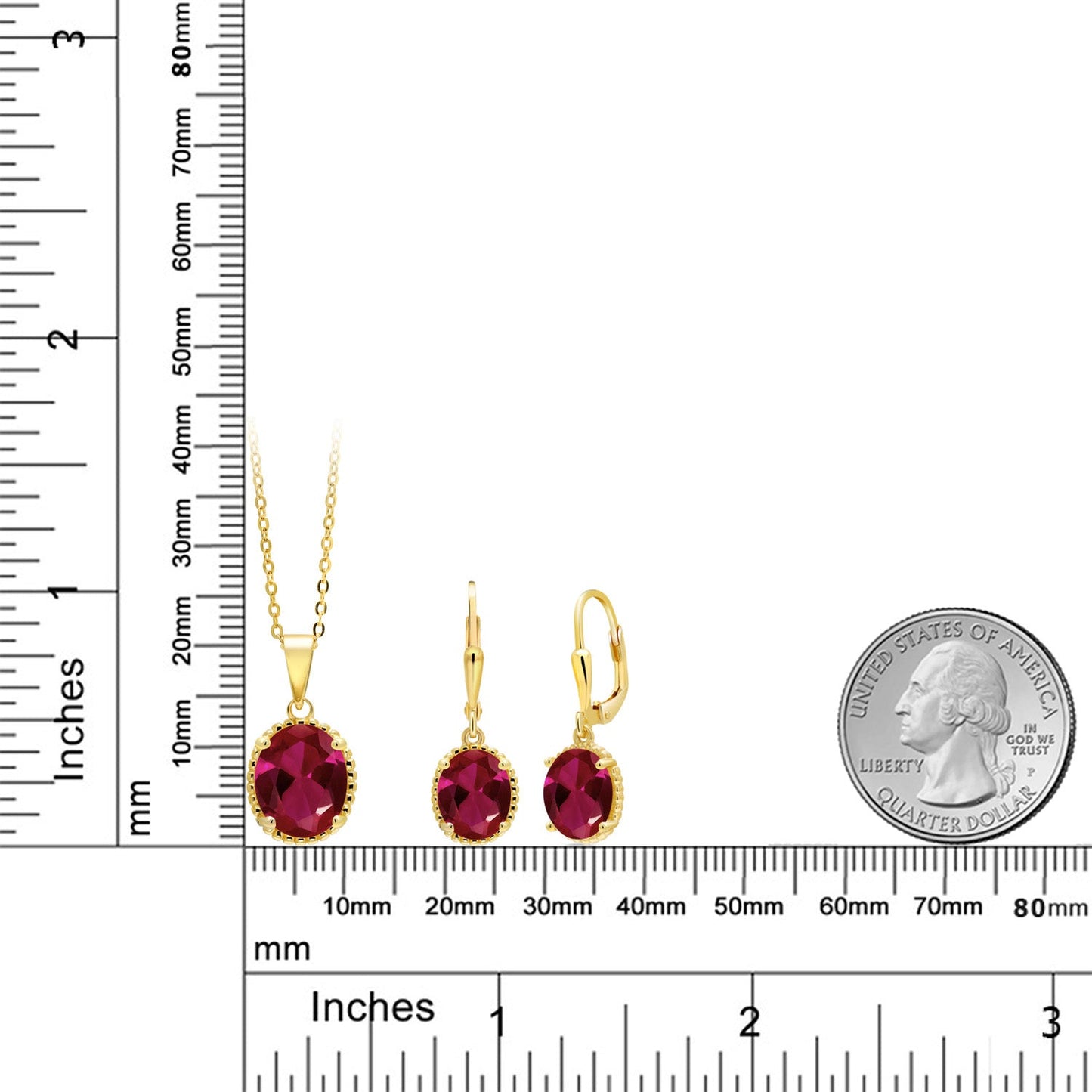 18K Yellow Gold Plated Silver Oval Red Created Ruby Pendant and Earrings Jewelry Set For Women (8.00 Cttw, with 18 Inch Chain)
