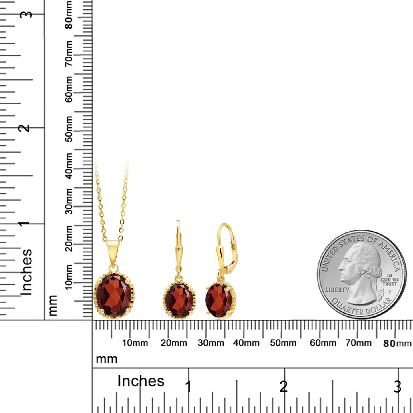 18K Yellow Gold Plated Silver Oval Red Garnet Pendant and Earrings Jewelry Set For Women (7.20 Cttw, Gemstone Birthstone, with 18 Inch Chain)
