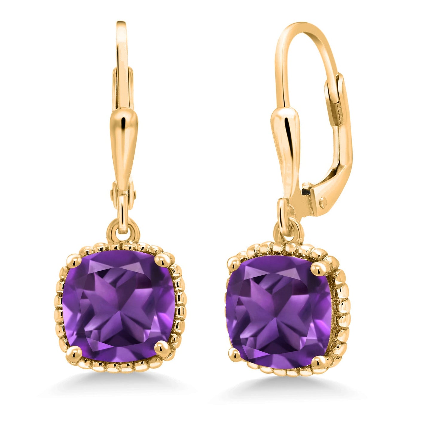 3-6 Cttw 18K Yellow Gold Plated Silver 8MM Cushion Gemstone Birthstone Drop Dangle Earrings | Leverback Gold Earrings For Women