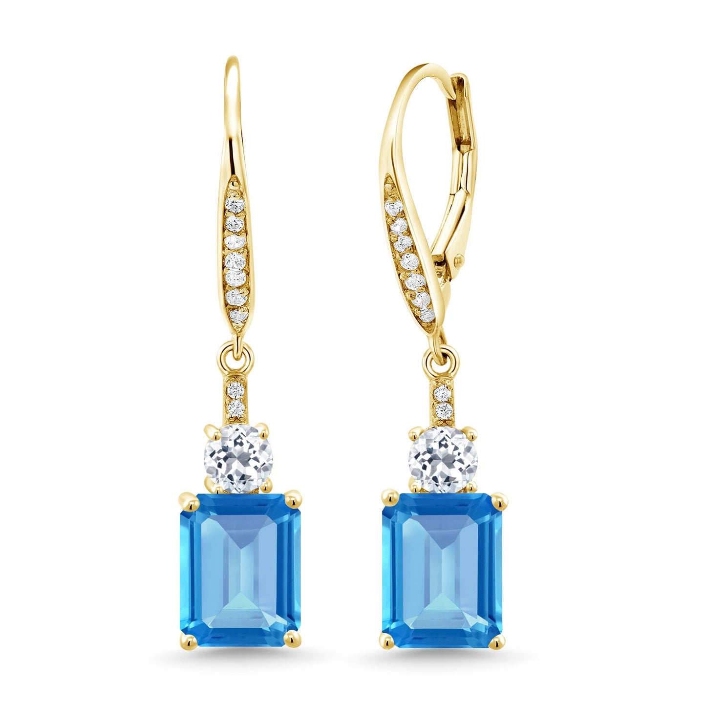 4-6 Cttw Dangle Earrings for Women | Gemstone Birthstone and White Topaz | 18K Yellow Gold Plated Silver | Emerald Cut 9X7MM | Elegant Drop Design | Gift for Her Wife Mom