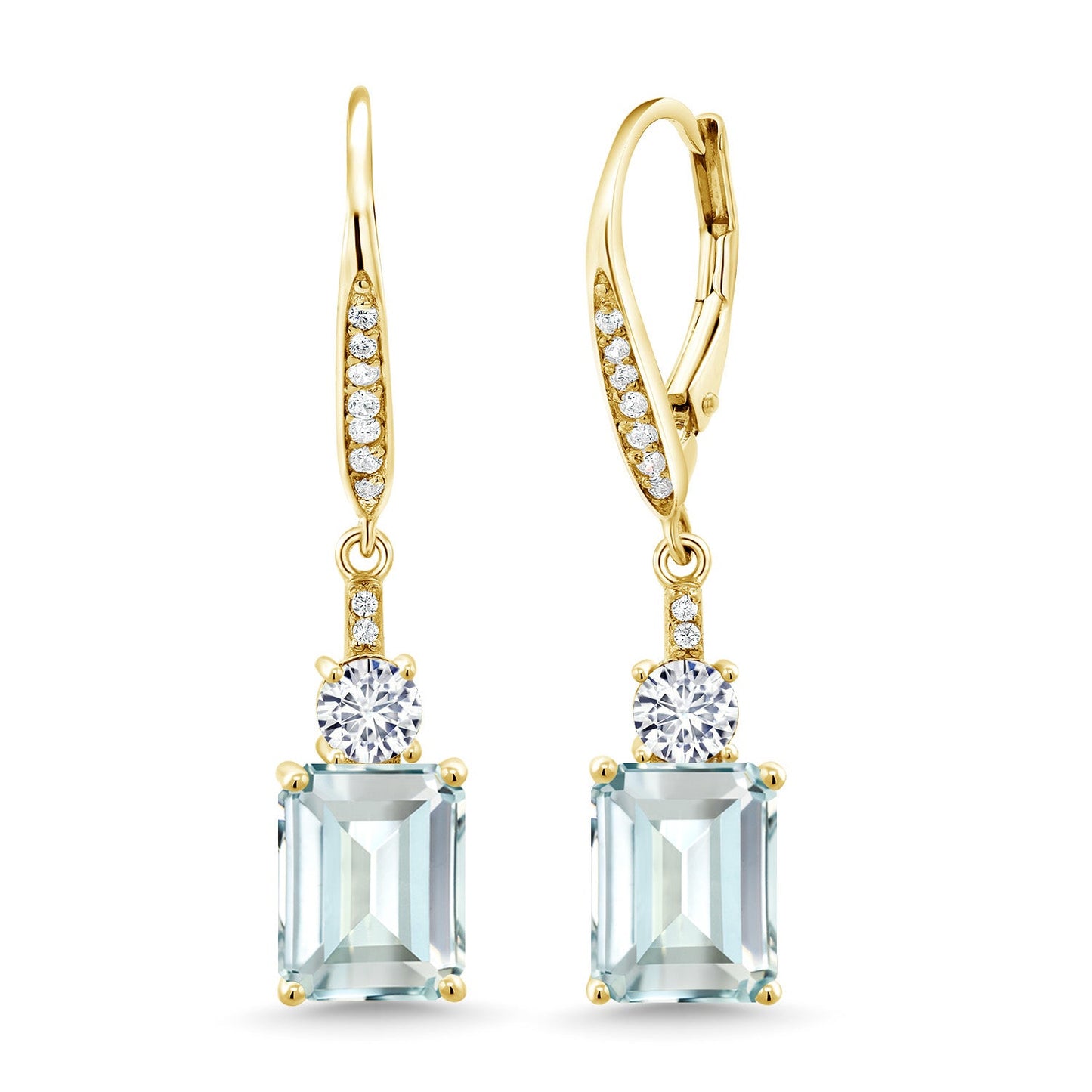 Gemstone Birthstone and White Moissanite Dangle Earrings For Women | 18K Yellow Gold Plated Silver | Emerald Cut 9X7MM with 4MM Round Accent | Elegant Drop Design