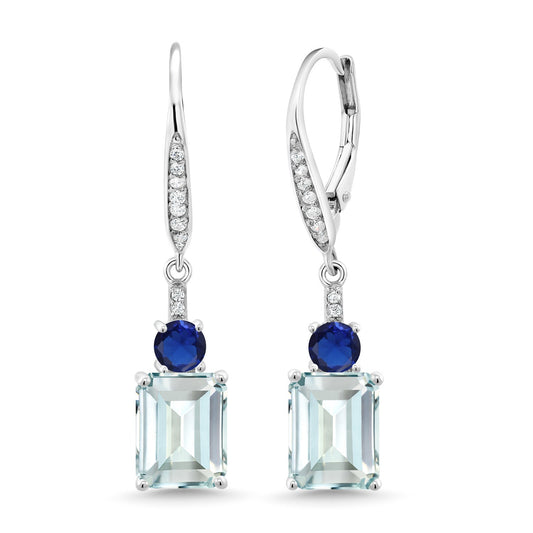 Gemstone Birthstone and Blue Created Sapphire Dangle Earrings for Women | 925 Sterling Silver | Emerald Cut 9X7MM with 4MM Round Accent | Elegant Drop Design | Gift for Her Wife Mom
