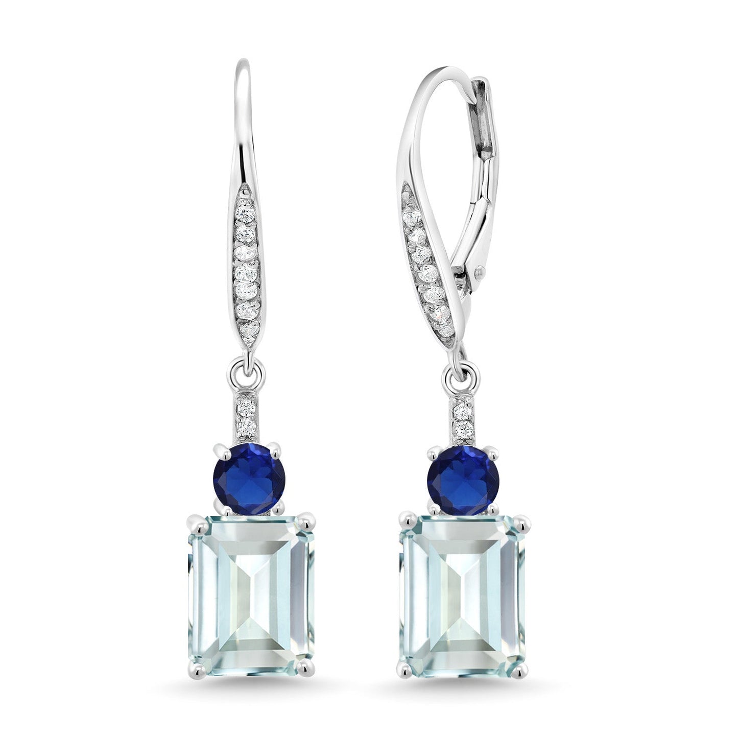 Gemstone Birthstone and Blue Created Sapphire Dangle Earrings for Women | 925 Sterling Silver | Emerald Cut 9X7MM with 4MM Round Accent | Elegant Drop Design | Gift for Her Wife Mom