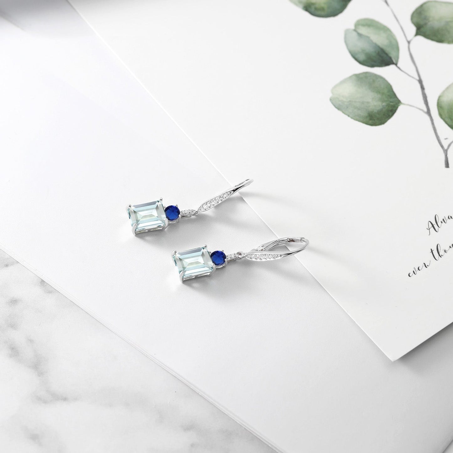 Gemstone Birthstone and Blue Created Sapphire Dangle Earrings for Women | 925 Sterling Silver | Emerald Cut 9X7MM with 4MM Round Accent | Elegant Drop Design | Gift for Her Wife Mom