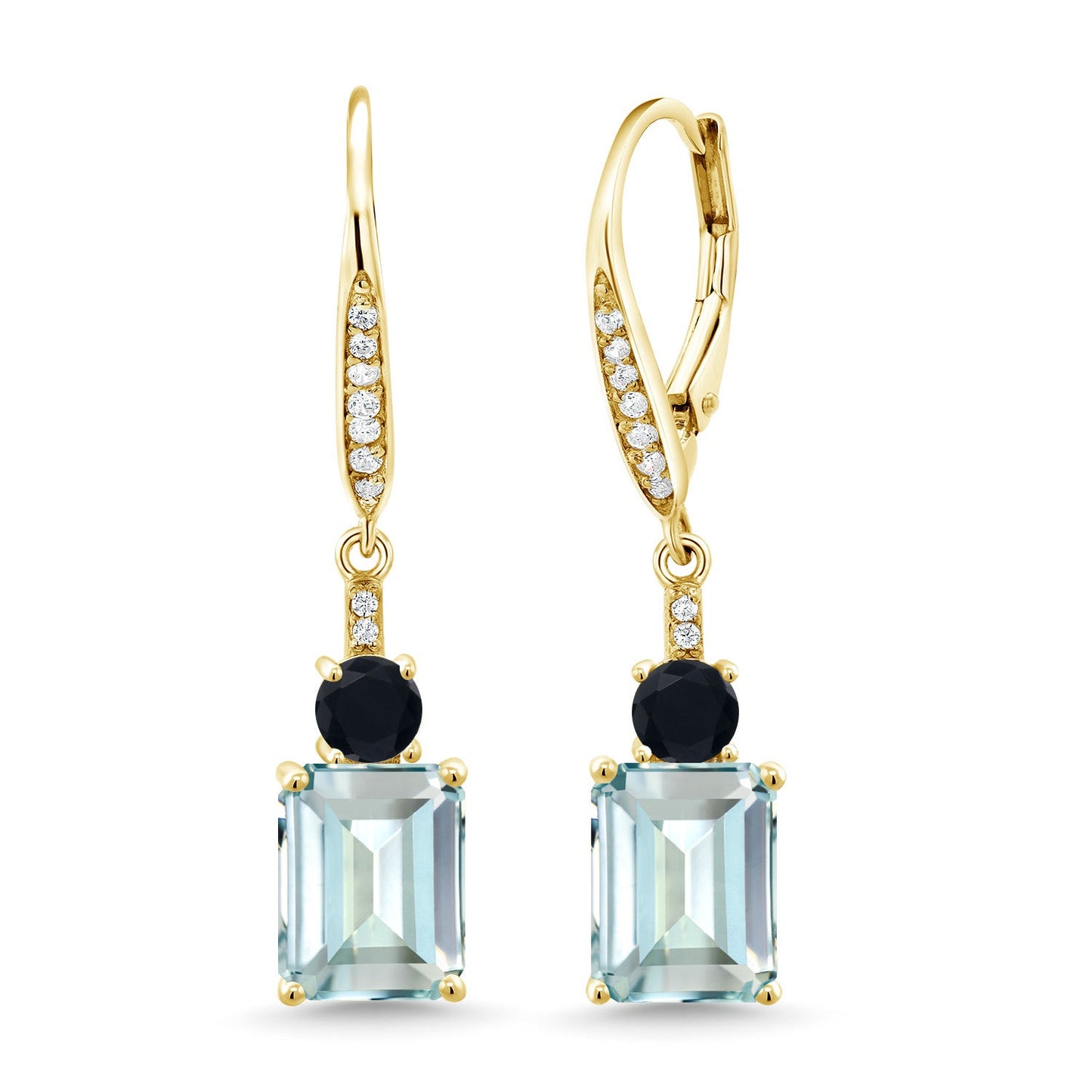 Gemstone Birthstone and Black Onyx Dangle Earrings for Women | 18K Yellow Gold Plated Silver | Emerald Cut 9X7MM with 4MM Round Accent | Elegant Drop Design | Gift for Her Wife Mom