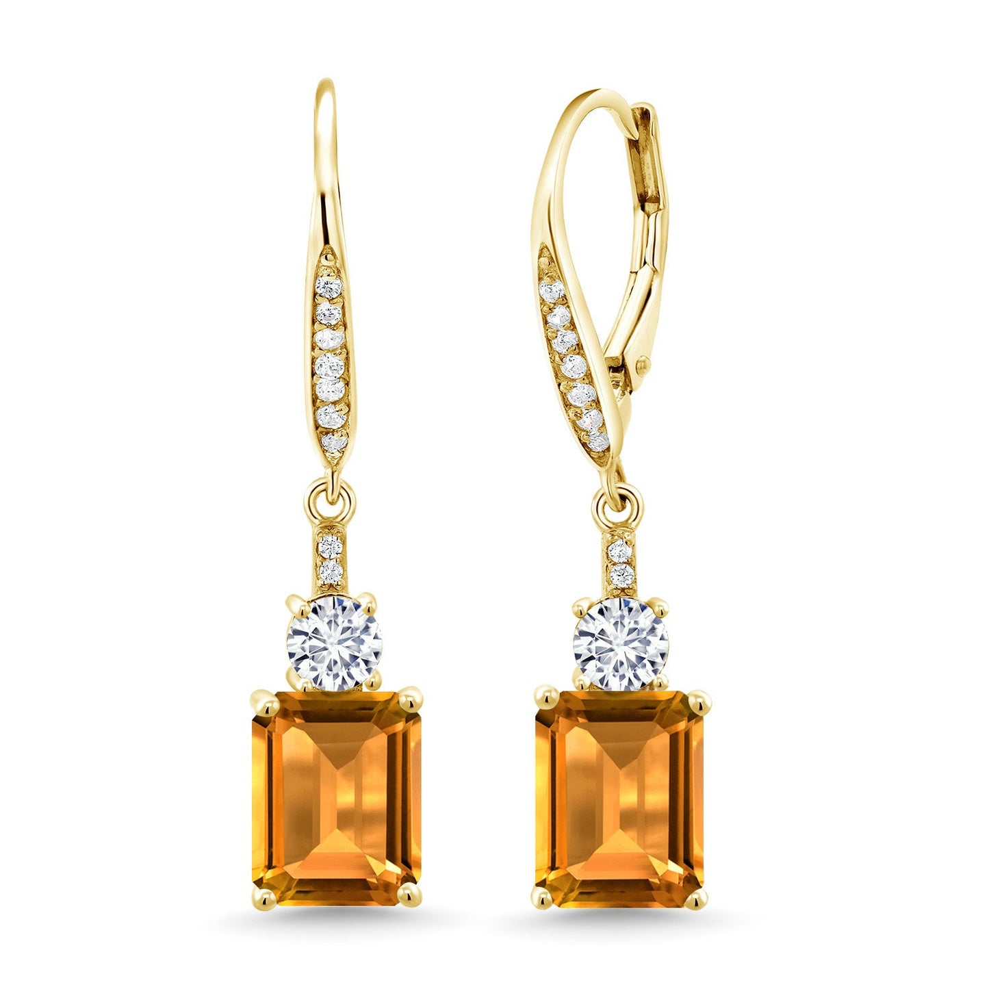 Gemstone Birthstone and White Moissanite Dangle Earrings For Women | 18K Yellow Gold Plated Silver | Emerald Cut 9X7MM with 4MM Round Accent | Elegant Drop Design