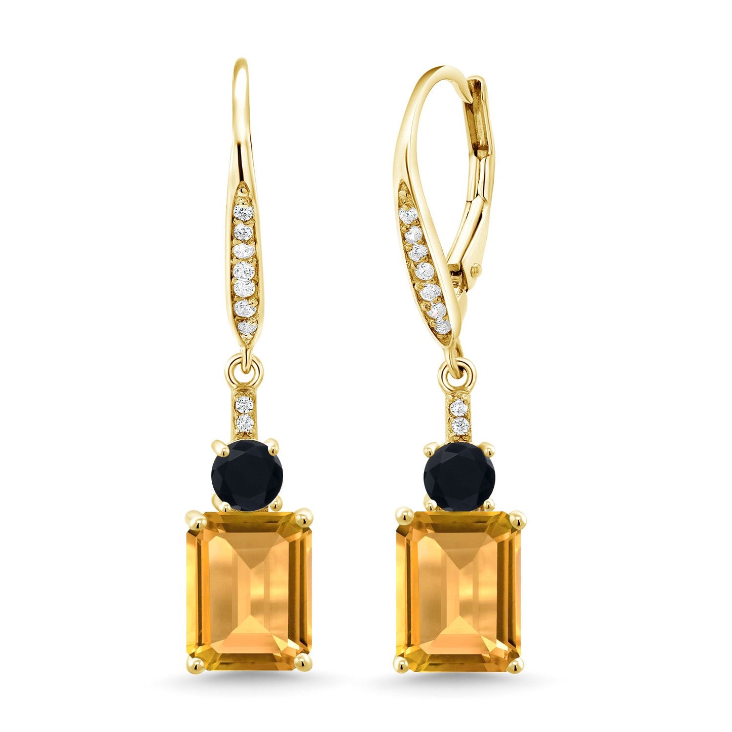Gemstone Birthstone and Black Onyx Dangle Earrings for Women | 18K Yellow Gold Plated Silver | Emerald Cut 9X7MM with 4MM Round Accent | Elegant Drop Design | Gift for Her Wife Mom