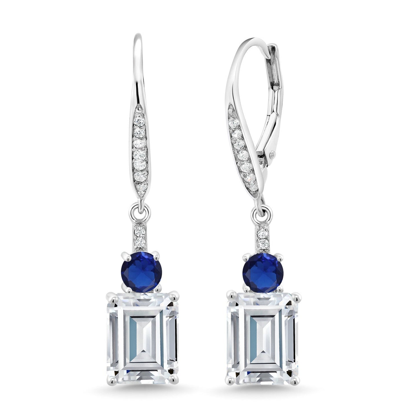 Gemstone Birthstone and Blue Created Sapphire Dangle Earrings for Women | 925 Sterling Silver | Emerald Cut 9X7MM with 4MM Round Accent | Elegant Drop Design | Gift for Her Wife Mom
