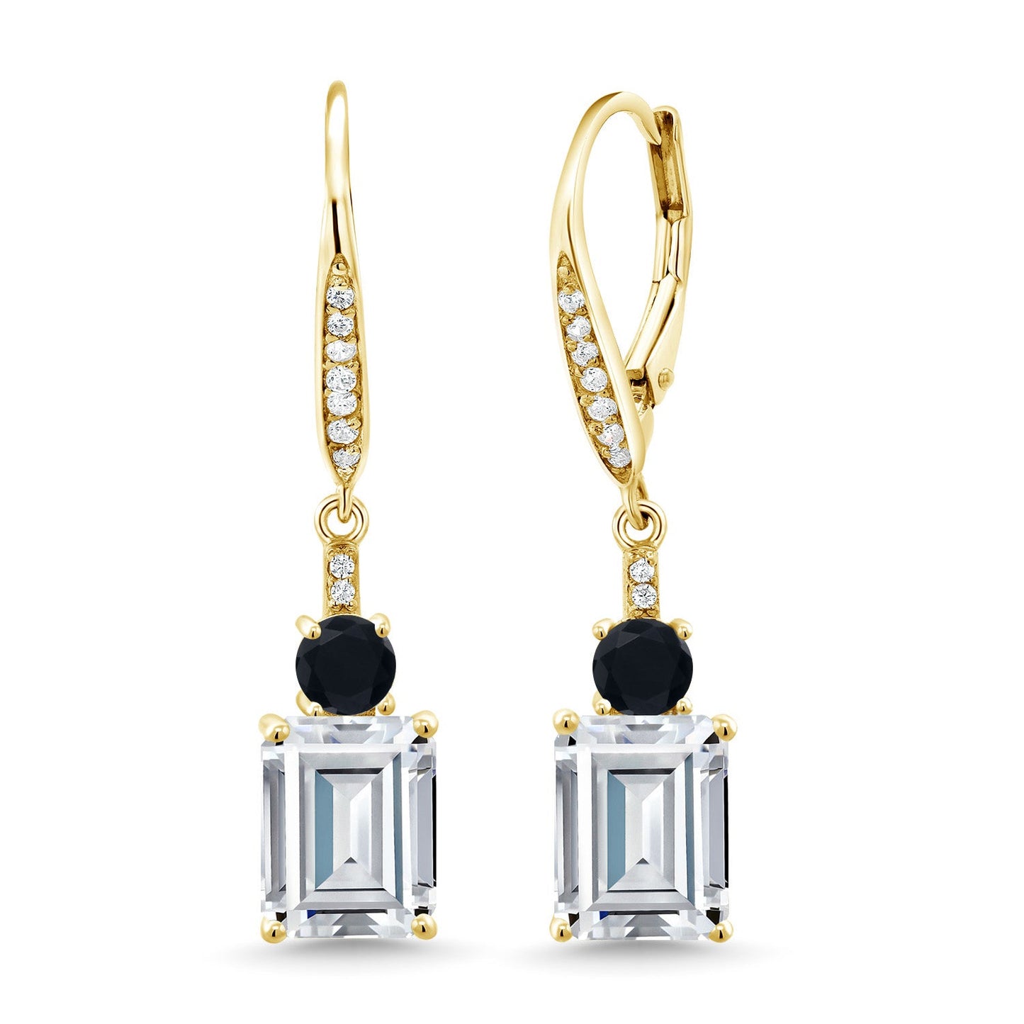 Gemstone Birthstone and Black Onyx Dangle Earrings for Women | 18K Yellow Gold Plated Silver | Emerald Cut 9X7MM with 4MM Round Accent | Elegant Drop Design | Gift for Her Wife Mom