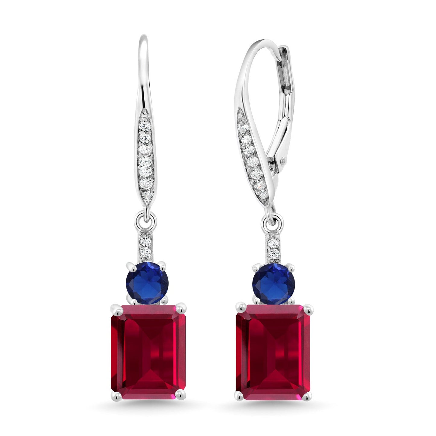 Gemstone Birthstone and Blue Created Sapphire Dangle Earrings for Women | 925 Sterling Silver | Emerald Cut 9X7MM with 4MM Round Accent | Elegant Drop Design | Gift for Her Wife Mom