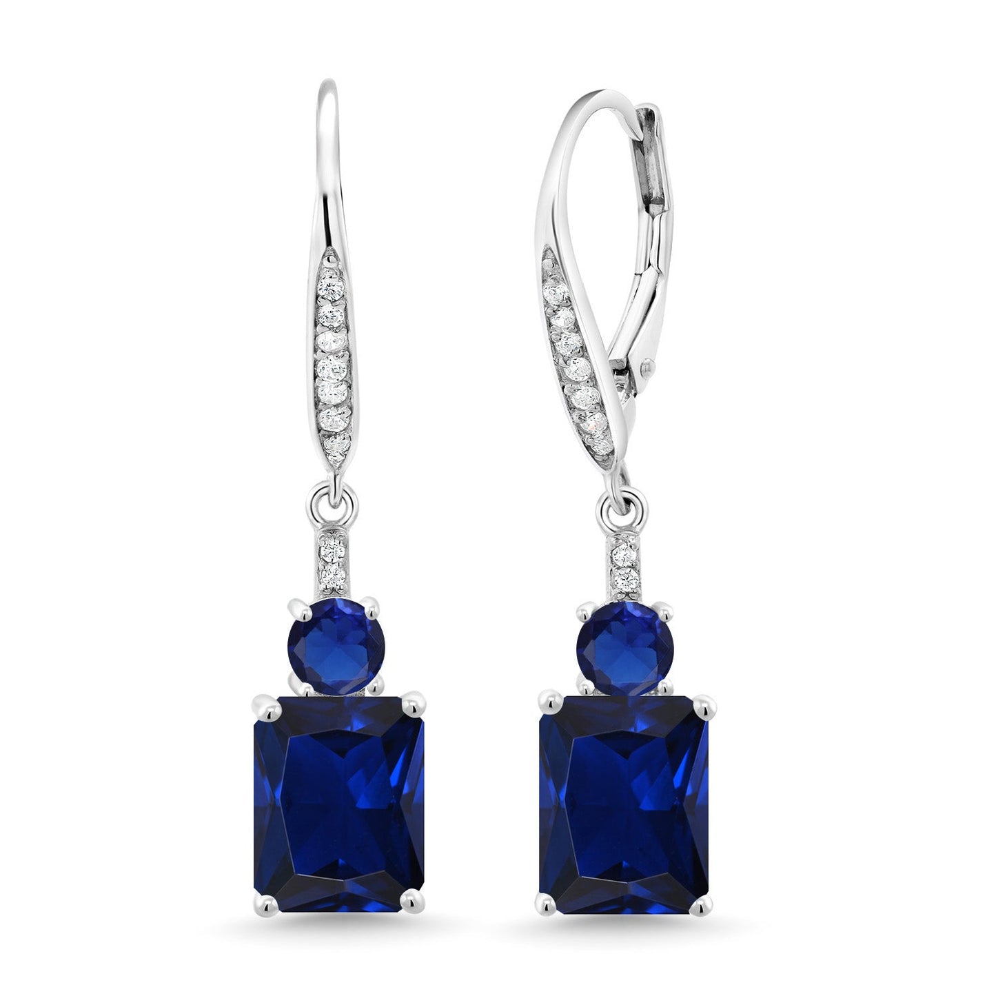 Gemstone Birthstone and Blue Created Sapphire Dangle Earrings for Women | 925 Sterling Silver | Emerald Cut 9X7MM with 4MM Round Accent | Elegant Drop Design | Gift for Her Wife Mom