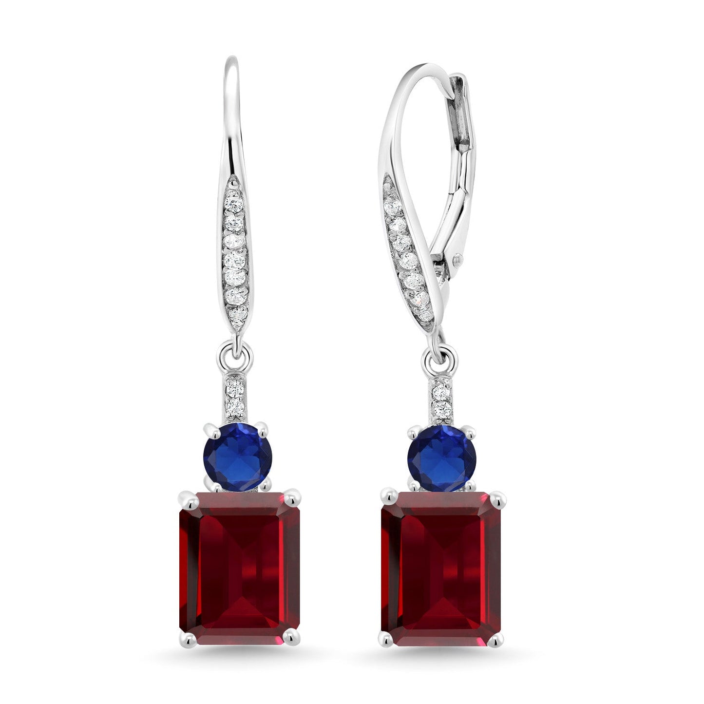 Gemstone Birthstone and Blue Created Sapphire Dangle Earrings for Women | 925 Sterling Silver | Emerald Cut 9X7MM with 4MM Round Accent | Elegant Drop Design | Gift for Her Wife Mom