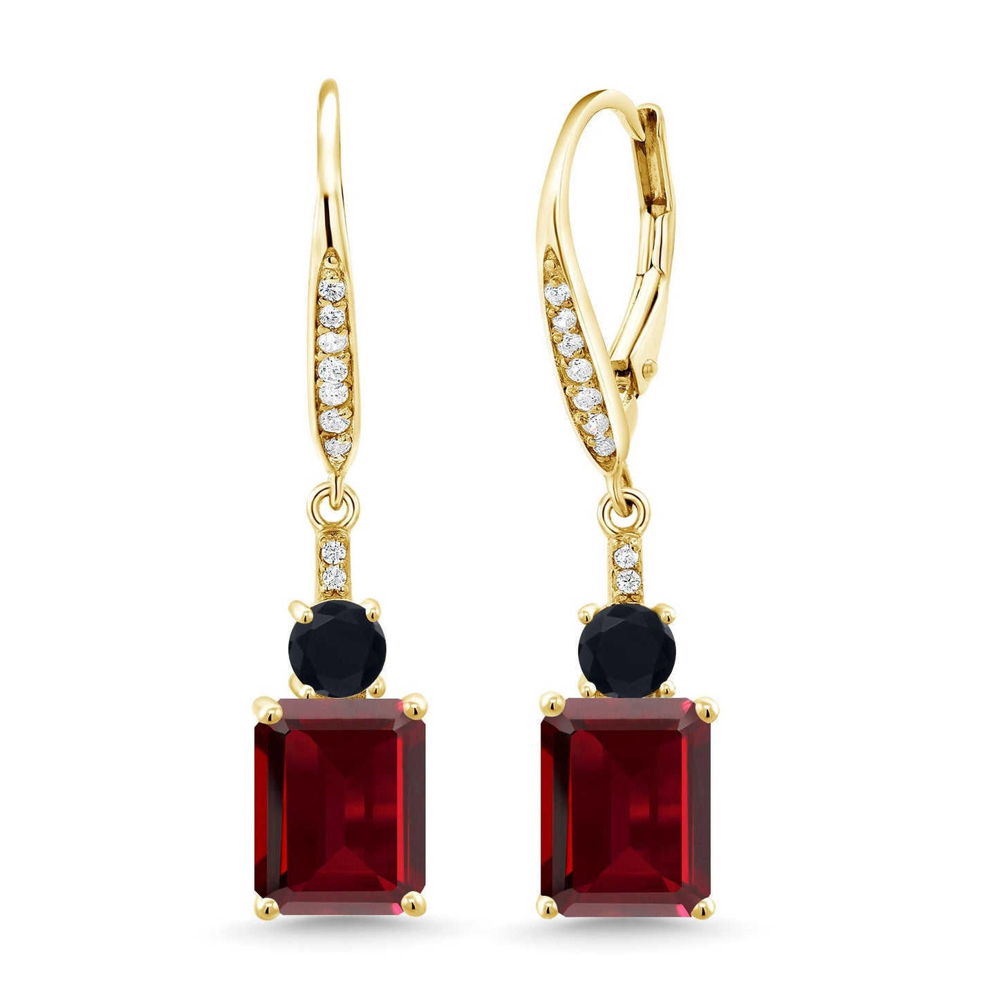 Gemstone Birthstone and Black Onyx Dangle Earrings for Women | 18K Yellow Gold Plated Silver | Emerald Cut 9X7MM with 4MM Round Accent | Elegant Drop Design | Gift for Her Wife Mom