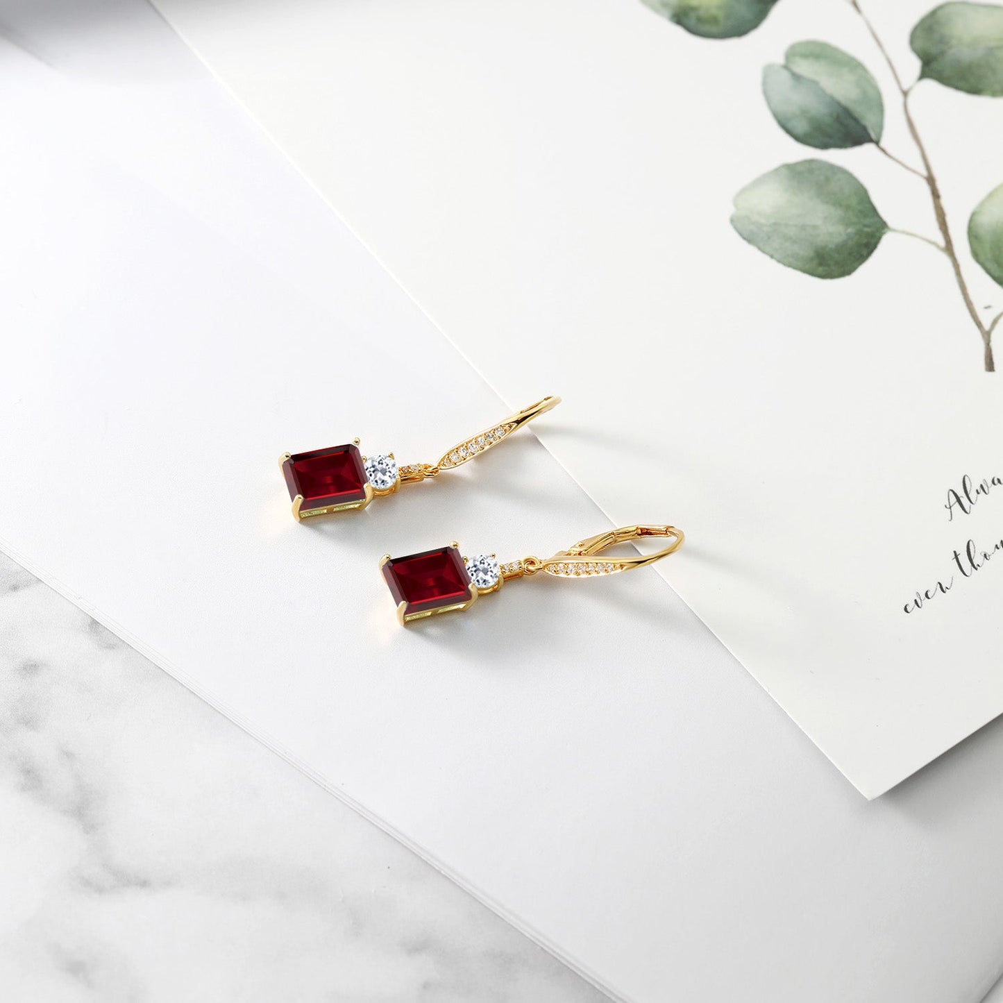 4-6 Cttw Dangle Earrings for Women | Gemstone Birthstone and White Topaz | 18K Yellow Gold Plated Silver | Emerald Cut 9X7MM | Elegant Drop Design | Gift for Her Wife Mom