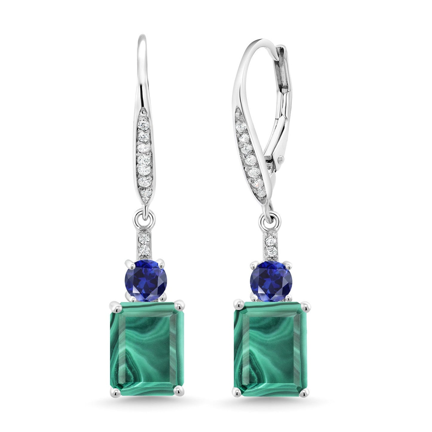 Gemstone Birthstone and Blue Created Sapphire Dangle Earrings for Women | 925 Sterling Silver | Emerald Cut 9X7MM with 4MM Round Accent | Elegant Drop Design | Gift for Her Wife Mom