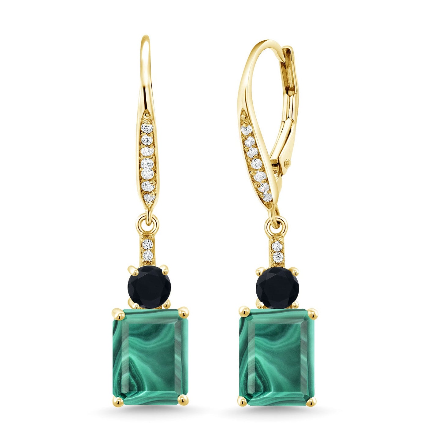 Gemstone Birthstone and Black Onyx Dangle Earrings for Women | 18K Yellow Gold Plated Silver | Emerald Cut 9X7MM with 4MM Round Accent | Elegant Drop Design | Gift for Her Wife Mom