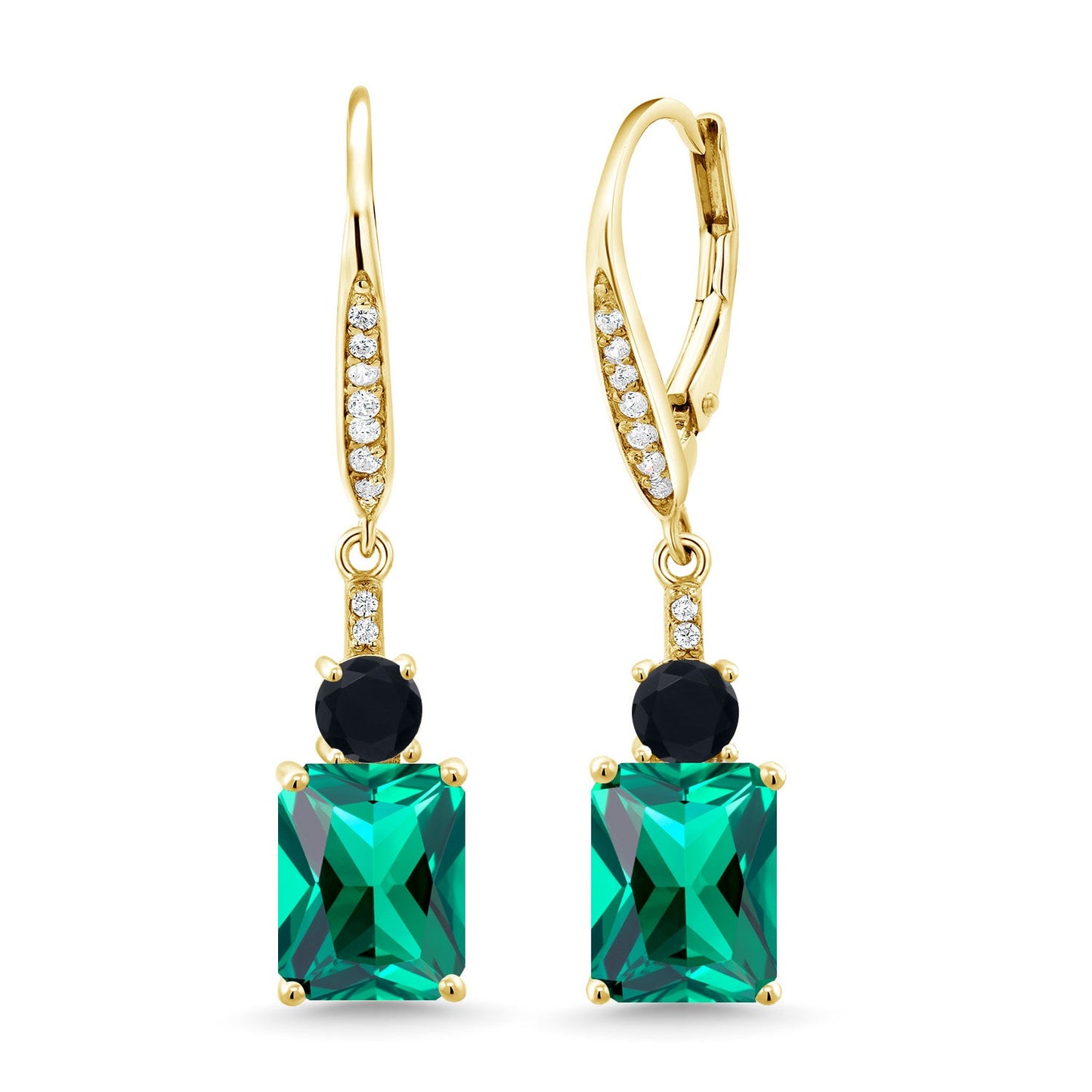 Gemstone Birthstone and Black Onyx Dangle Earrings for Women | 18K Yellow Gold Plated Silver | Emerald Cut 9X7MM with 4MM Round Accent | Elegant Drop Design | Gift for Her Wife Mom