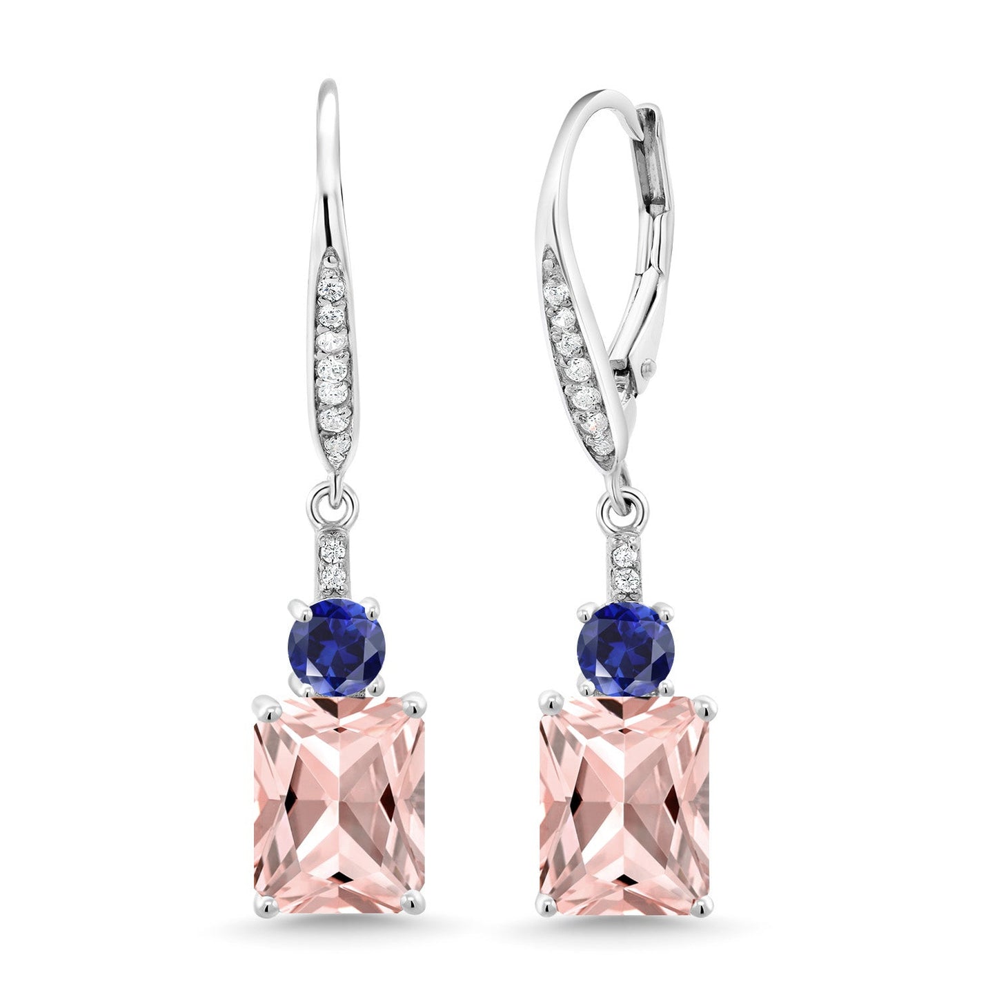 Gemstone Birthstone and Blue Created Sapphire Dangle Earrings for Women | 925 Sterling Silver | Emerald Cut 9X7MM with 4MM Round Accent | Elegant Drop Design | Gift for Her Wife Mom