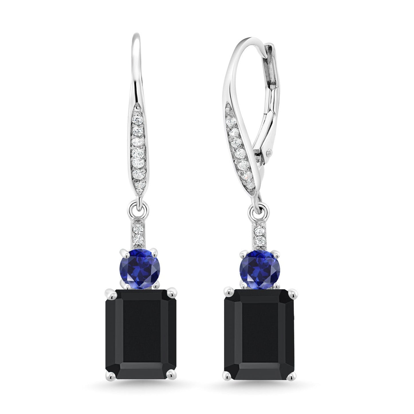 Gemstone Birthstone and Blue Created Sapphire Dangle Earrings for Women | 925 Sterling Silver | Emerald Cut 9X7MM with 4MM Round Accent | Elegant Drop Design | Gift for Her Wife Mom